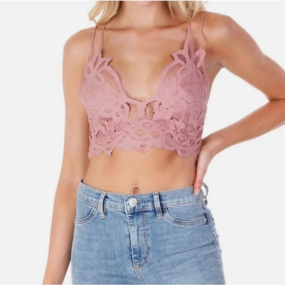 Free People Other - Free People Adella Rose Pink Floral Lace Bralette Size Large